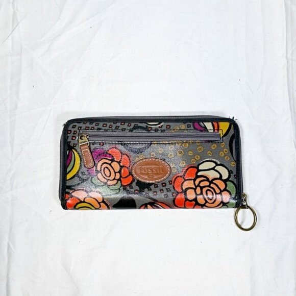 Fossil Grey Orange Floral Coated Canvas Leather Zip Around Clutch Wallet - Picture 1 of 3